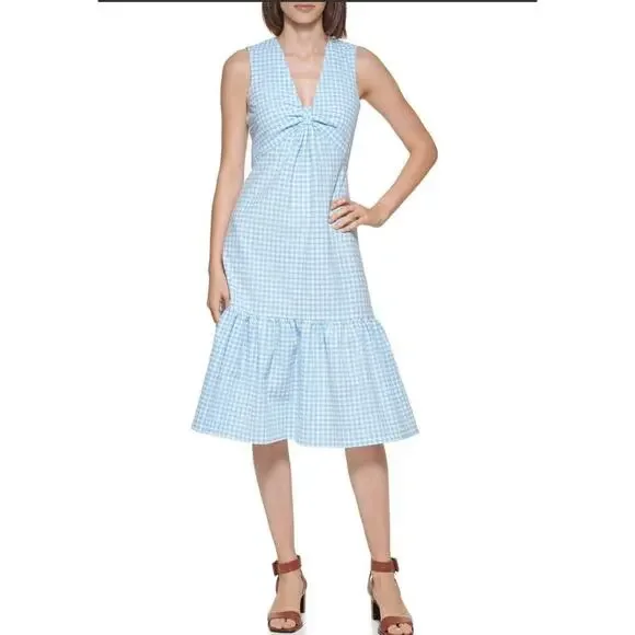 Calvin Klein Women’s Blue Gingham Sleeveless Front Knot Midi Dress size 10 NWT - Picture 1 of 10